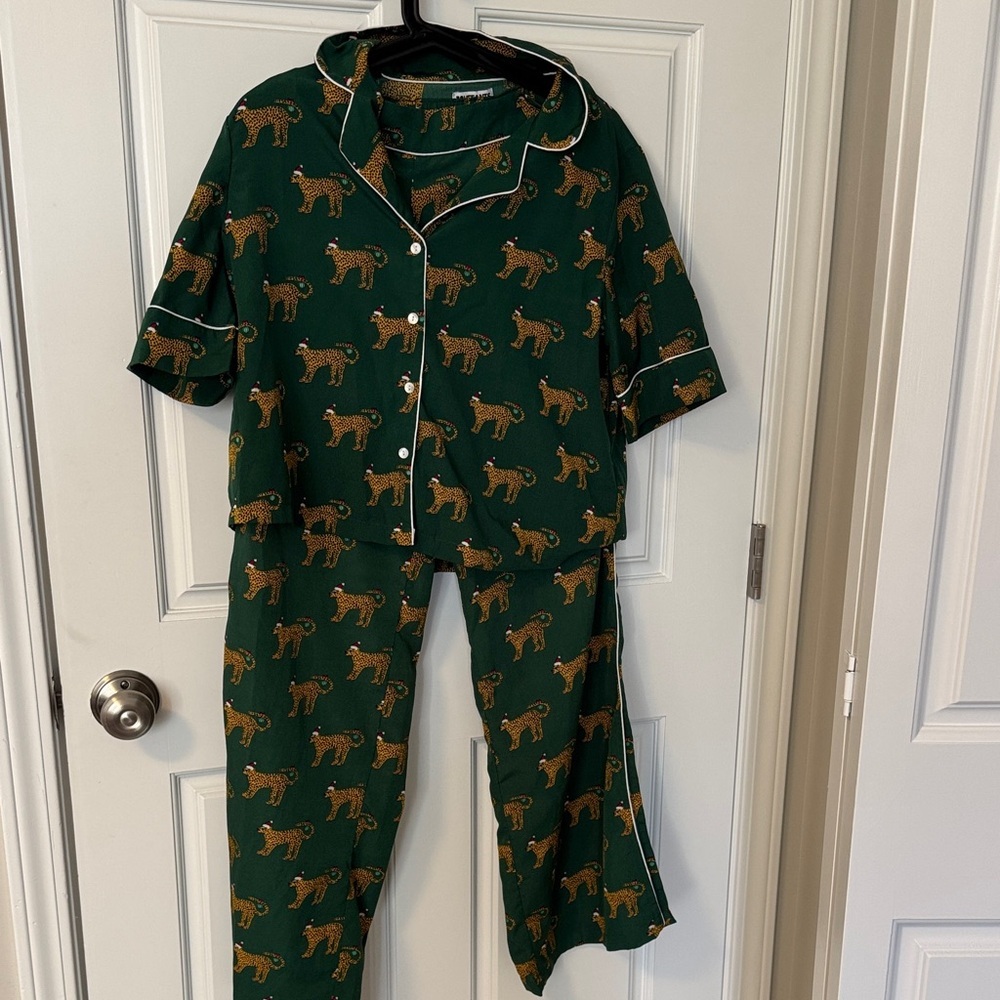 Bouffants and Broken Hearts Green Leopard Print Women's Pajama Set